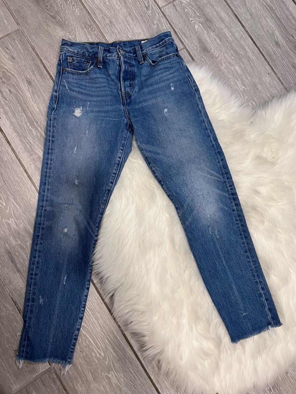 Levi’s White Hawk Cone Denim High-Rise Distressed Cropped Jeans - Blue